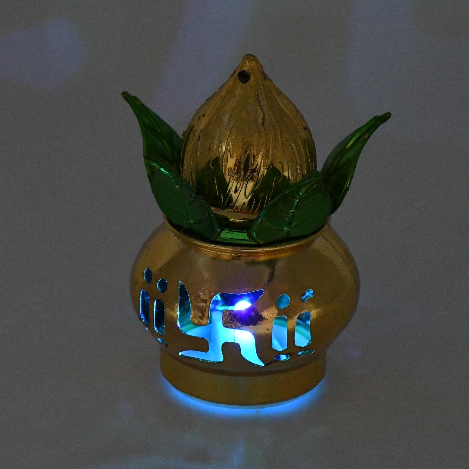 Gold plated eco-friendly LED Kalash for Pooja Mandir with multicolor LEDs, stylish home improvement decor by Wukusy.