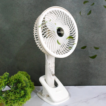 Wukusy multifunctional USB desk clip fan in brown box, compact home improvement fan with adjustable settings and modern design.