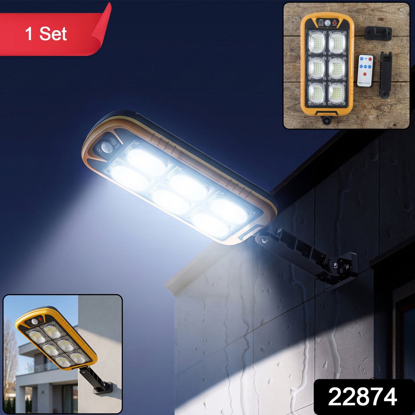 Wukusy solar LED motion sensor outdoor wall light with remote, waterproof, mounted on exterior wall for outdoor illumination.