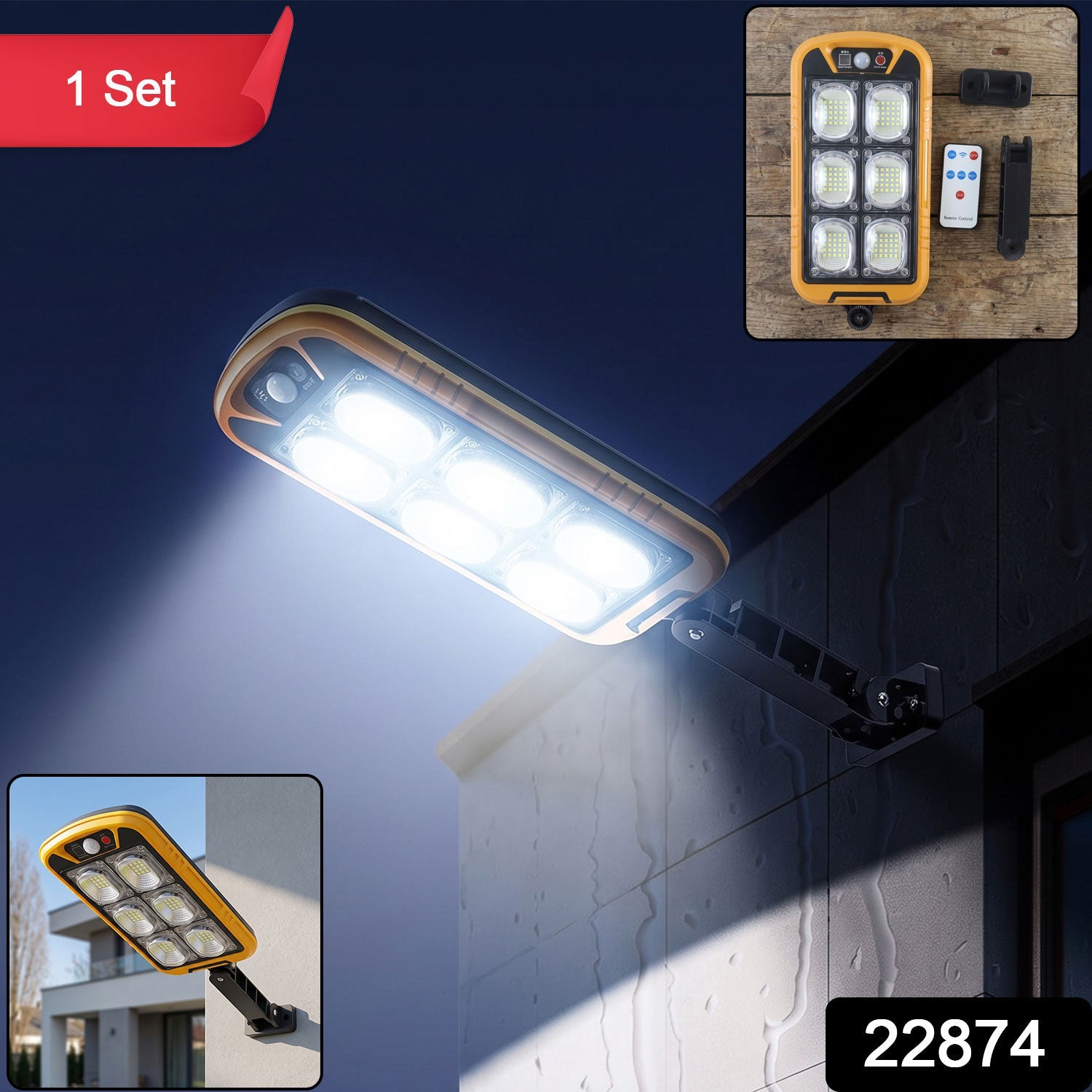 Wukusy solar LED motion sensor outdoor wall light with remote, waterproof, mounted on exterior wall for outdoor illumination.