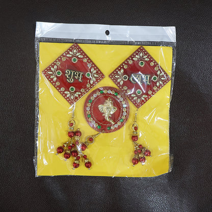 Decorative wall hanging set with Shubh Labh and Ganesh designs by Wukusy, featuring three colorful home decor pieces.