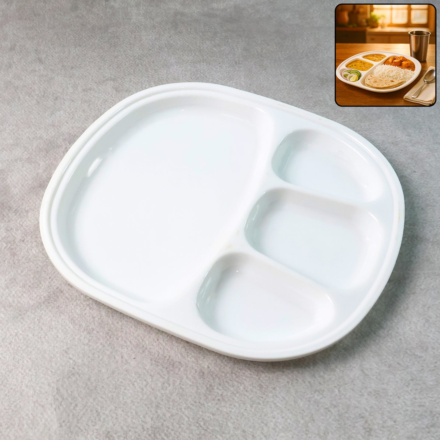 Large plastic dinner plate with four compartments, Wukusy brand, ideal for serving a variety of foods in a home and kitchen setting.
