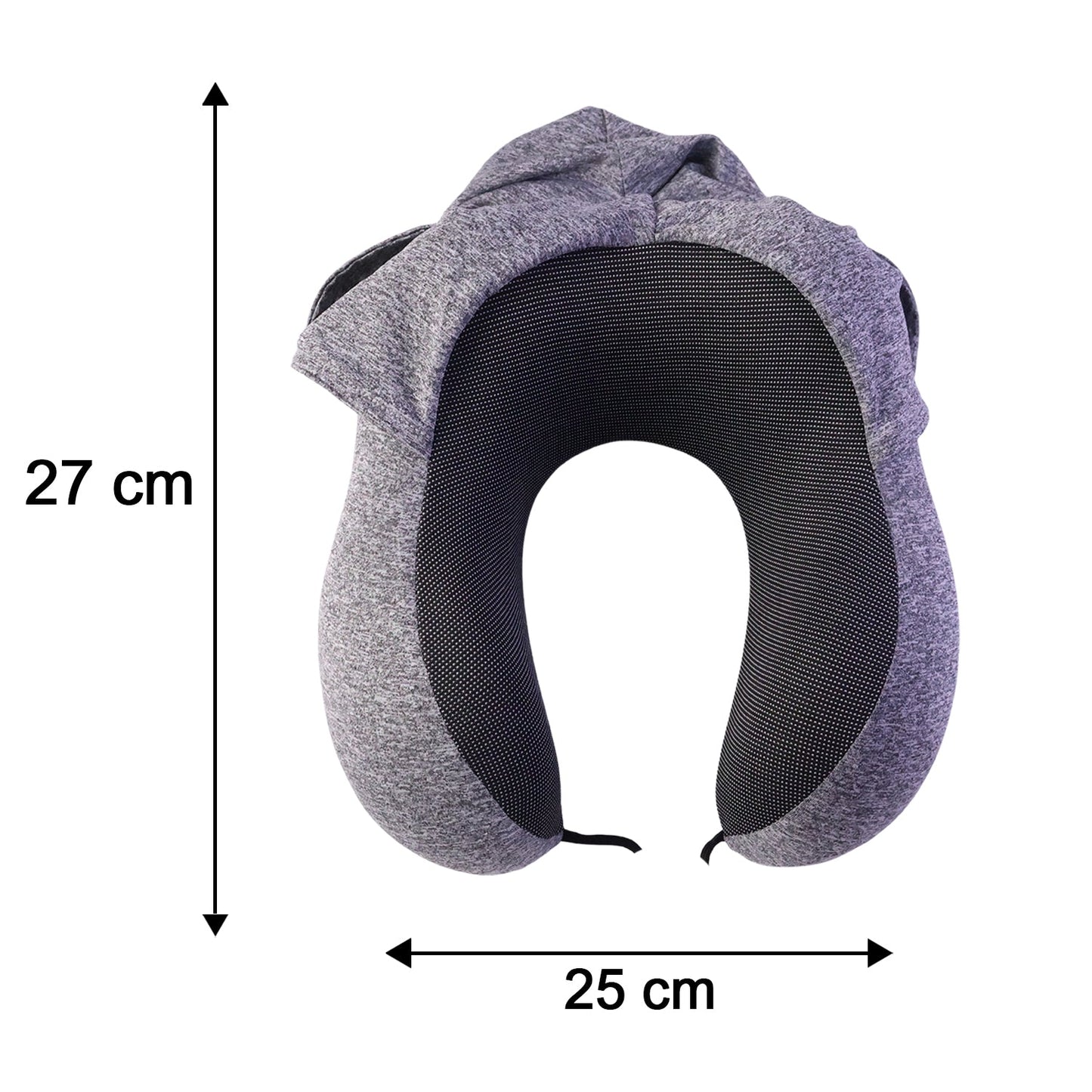 Grey U-shaped hooded travel neck pillow with drawstring hood by Wukusy, designed for comfortable support during travel.