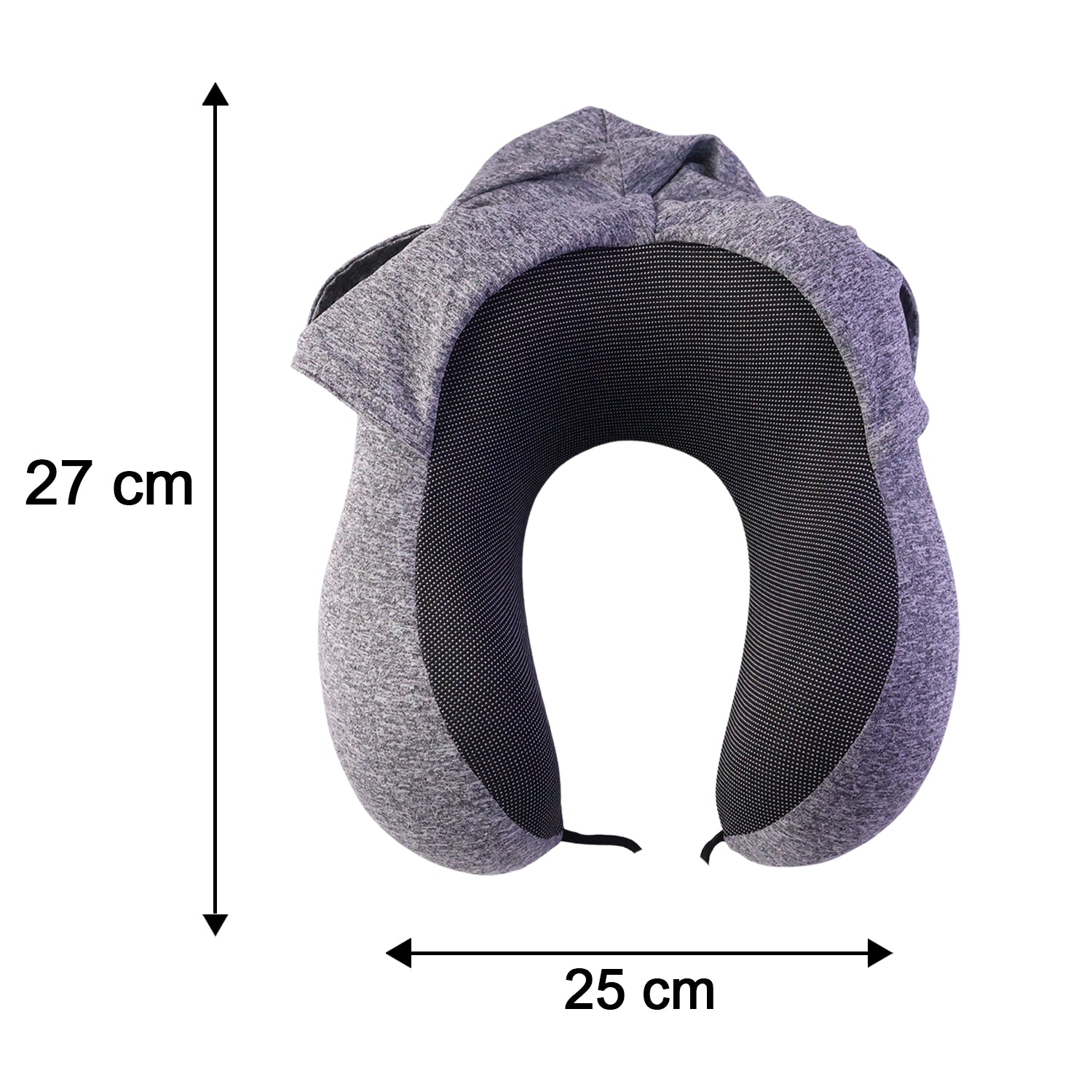 Grey U-shaped hooded travel neck pillow with drawstring hood by Wukusy, designed for comfortable support during travel.
