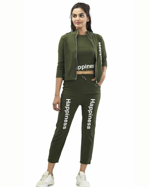 Three-piece women's green track suit from Drpshippr, featuring a stylish top, pants, and jacket in a vibrant green color.