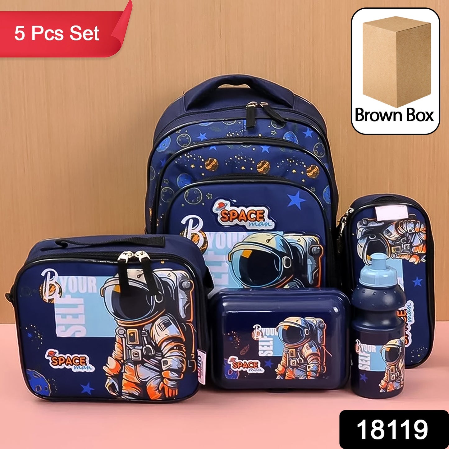 Wukusy 5-in-1 school bag set with 14-inch backpack, lunch bag, water bottle, pencil case in mixed colors, boxed packing