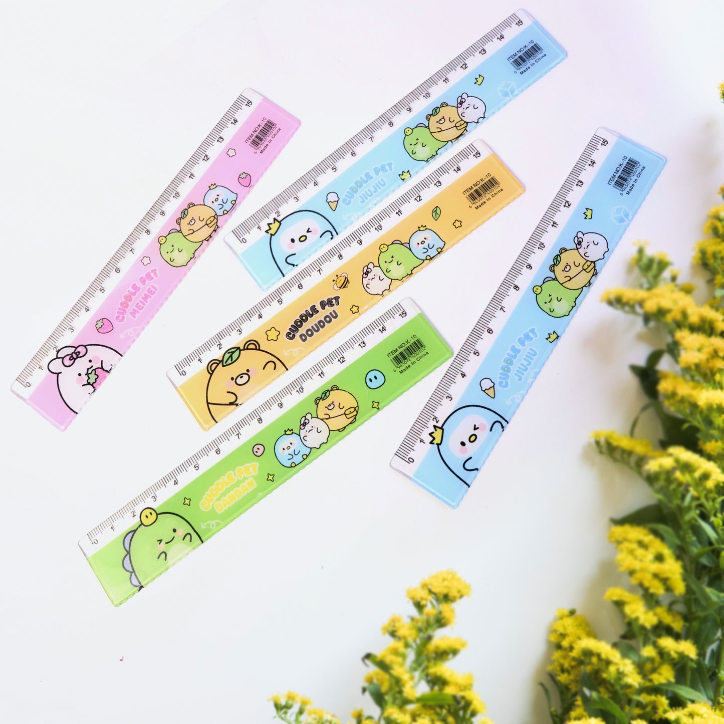 Set of five colorful cartoon plastic rulers for kids, featuring fun designs, ideal for school and craft projects.