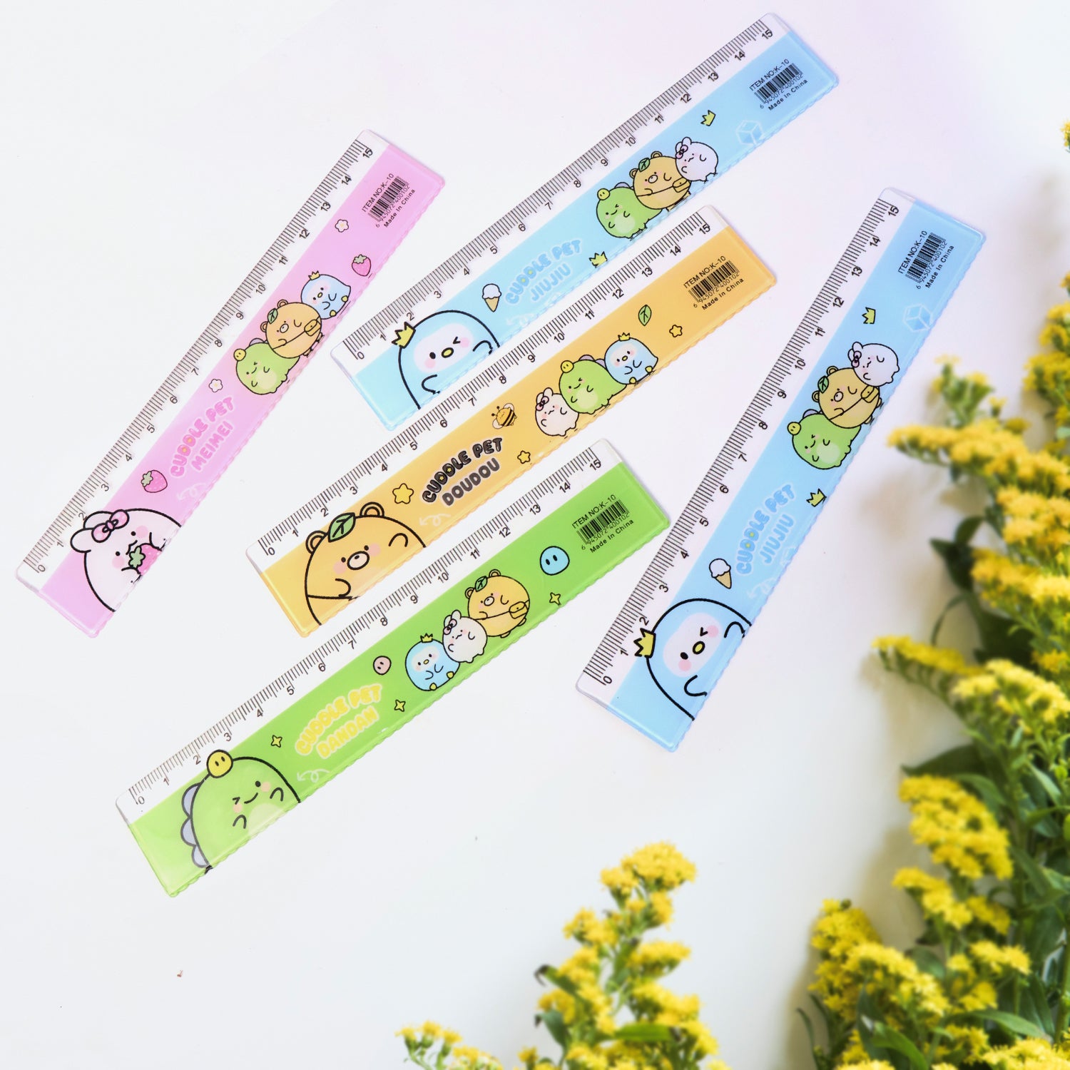 Set of five colorful cartoon plastic rulers for kids, featuring fun designs, ideal for school and craft projects.