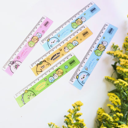Set of five colorful cartoon plastic rulers for kids, featuring fun designs, ideal for school and craft projects.