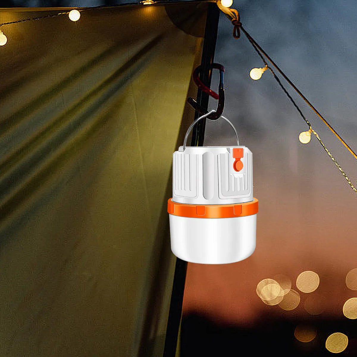 Wukusy solar rechargeable LED emergency camping lantern with handle, portable outdoor light for camping and emergencies.