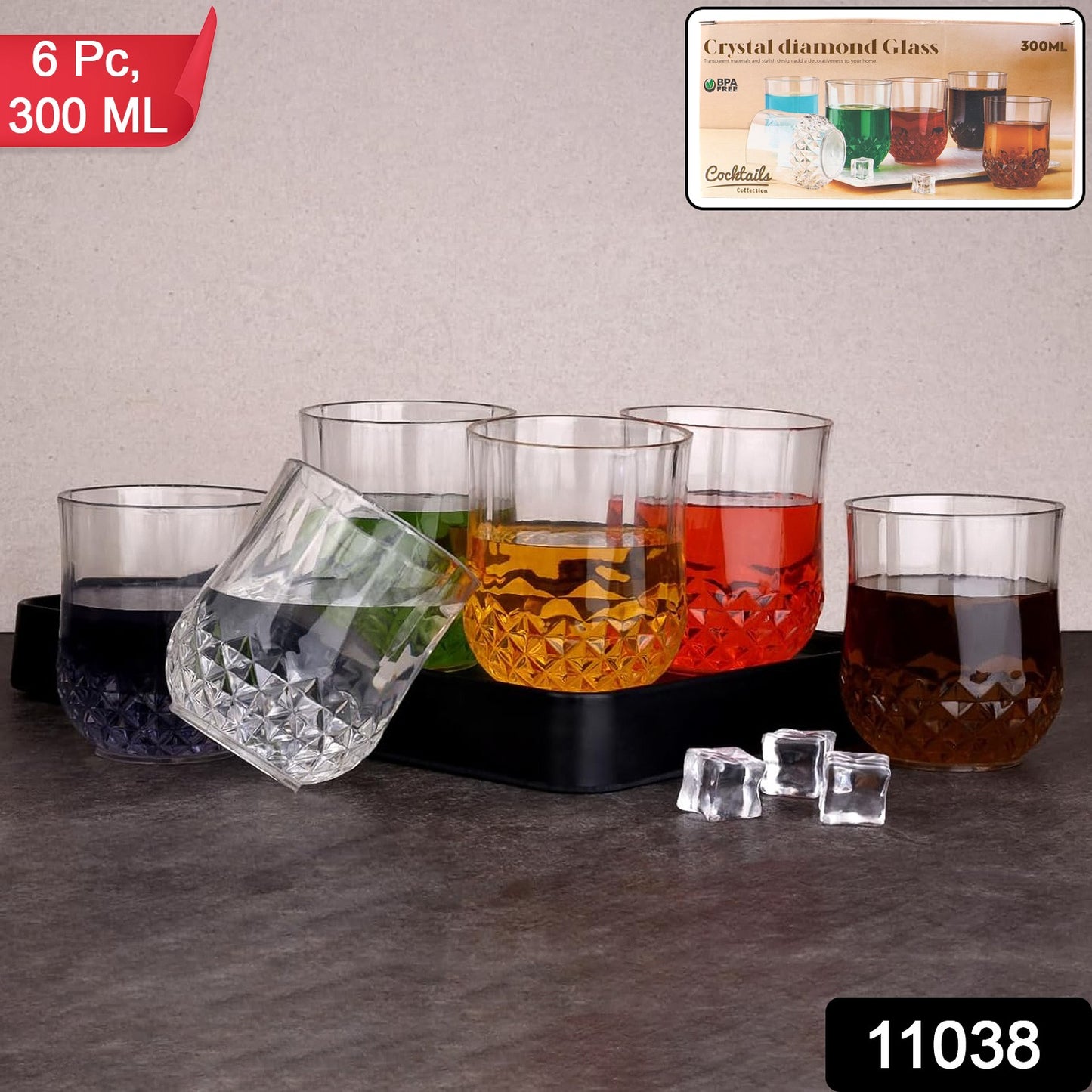Six transparent drinking glasses with a diamond pattern from Wukusy, showcasing their elegant design and clarity.