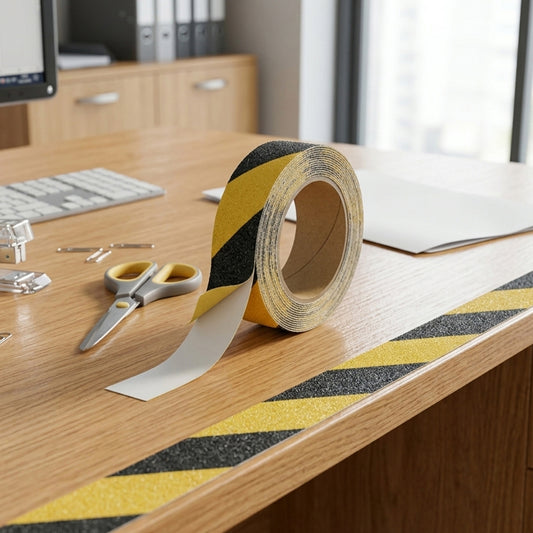 Wukusy heavy-duty anti-slip safety tape 110x25mm applied to a step for improved grip and safety.