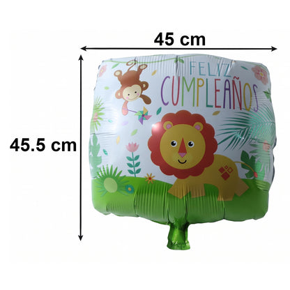 Lion-shaped foil balloon with jungle theme and birthday design, decorated with leaves and vibrant colors, by Wukusy.