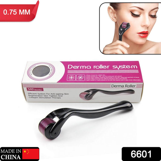 Wukusy 6601 Derma Roller for anti-aging, facial scrubs, scar removal, and hair regrowth, with 0.75mm needle size, on a white background.