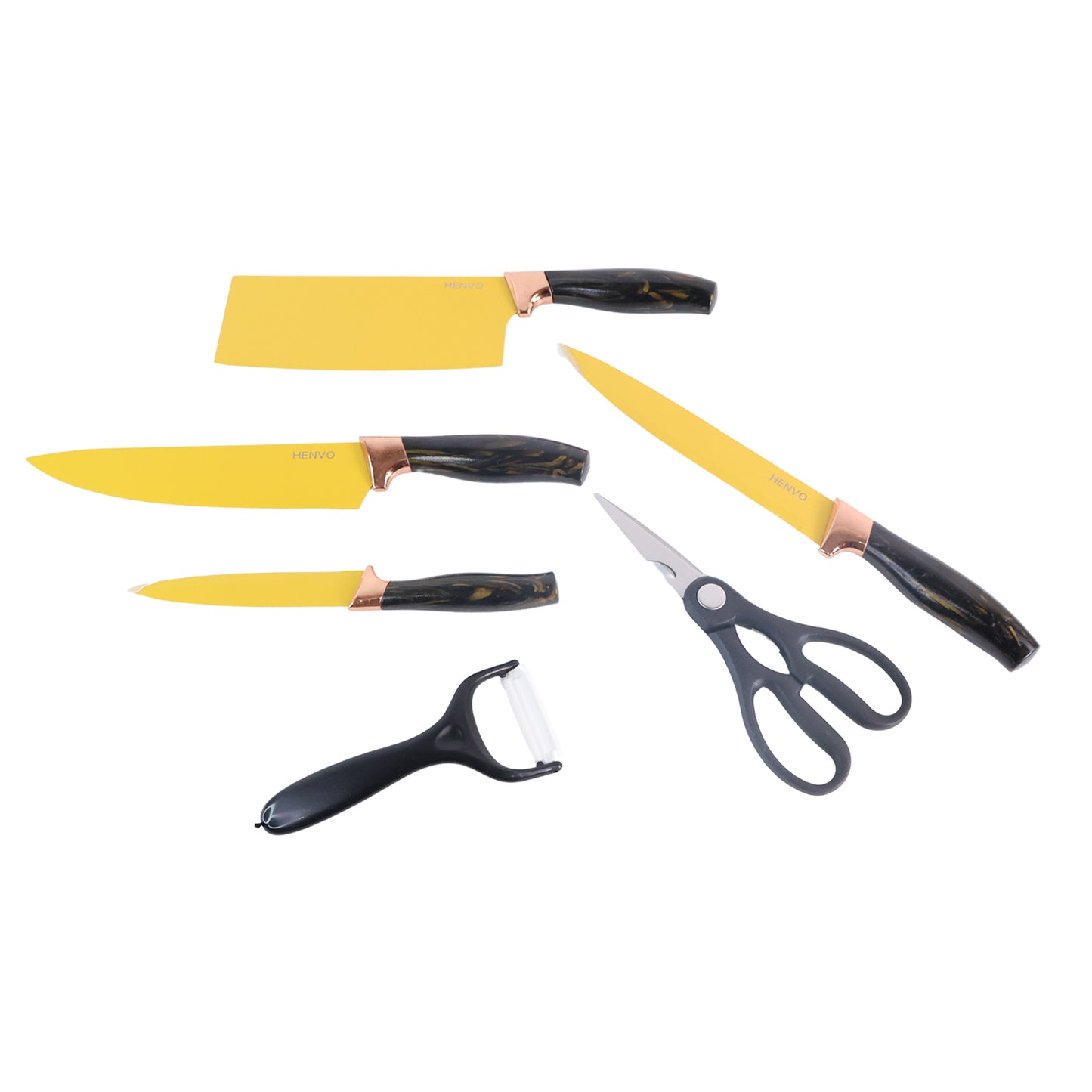 Wukusy 6-piece professional kitchen knife set including chef knives, cleaver, peeler, and scissors on a wooden countertop.