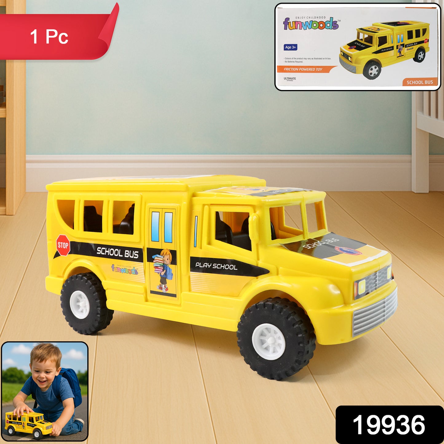 Wukusy Funwoods friction-powered school bus toy with colorful design and windows, perfect for children’s imaginative play.