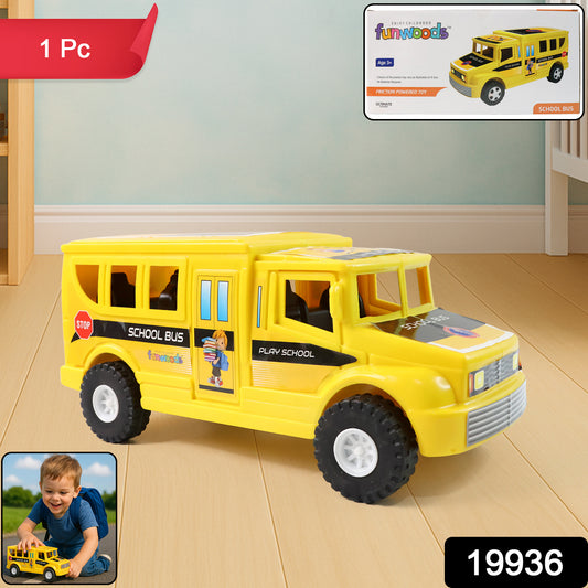 Wukusy Funwoods friction-powered school bus toy with colorful design and windows, perfect for children’s imaginative play.
