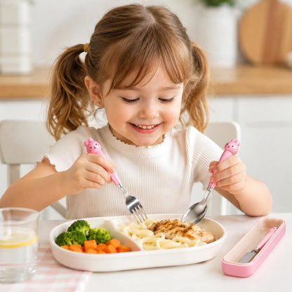 Kids stainless steel cutlery set with fork, knife, spoon, and carrying case from Wukusy, perfect for little diners.