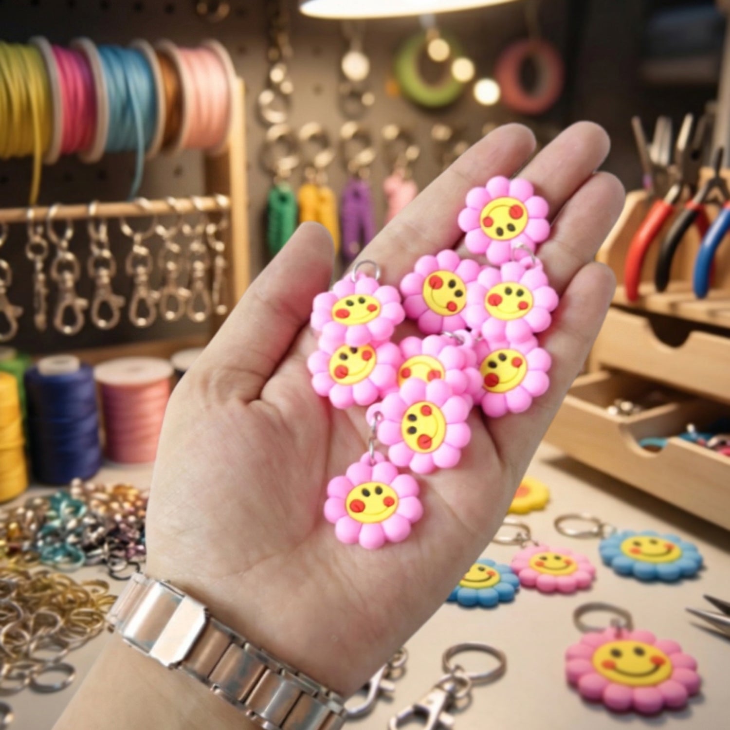 Set of 10 Wukusy smiley flower shape bag charm keychains featuring colorful, playful designs perfect for accessorizing bags or keys.