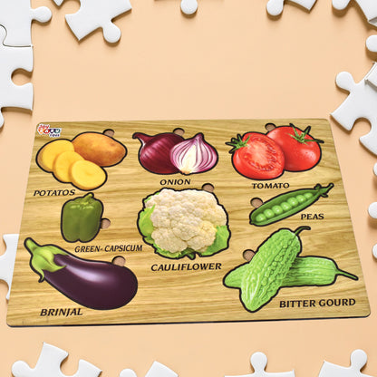 Wooden vegetable puzzle toy by Wukusy, educational learning board with colorful vegetable pieces for kids.