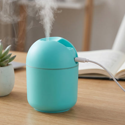 Wukusy portable USB mini air humidifier with cool mist displaying mist spray and compact design on a neutral background.