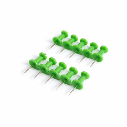 Set of 10 green plastic push pins thumb tacks for notice boards, featuring a sturdy design for secure paper attachment.
