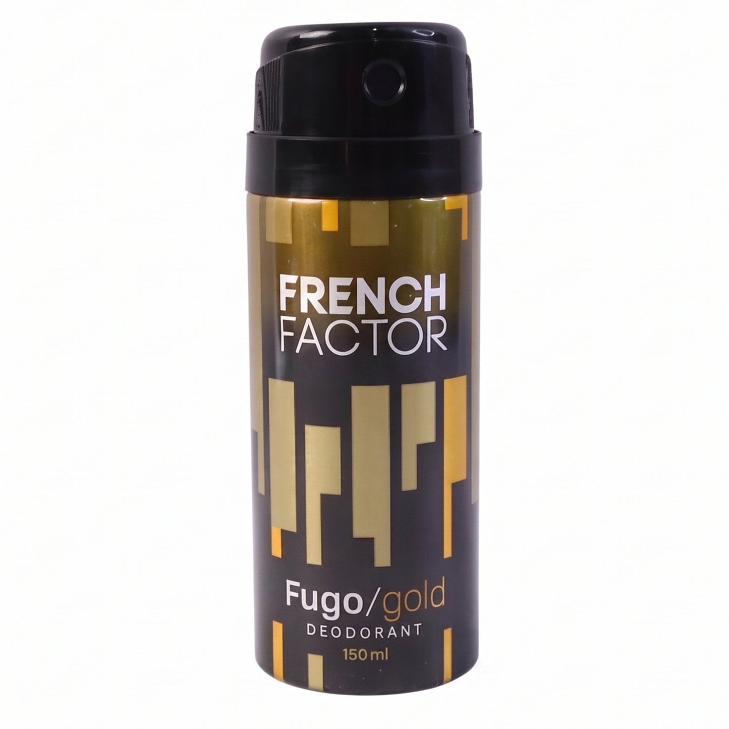 Wukusy French Factor Fugo Gold deodorant body spray bottle, 150ml, with gold-themed packaging and spray nozzle.