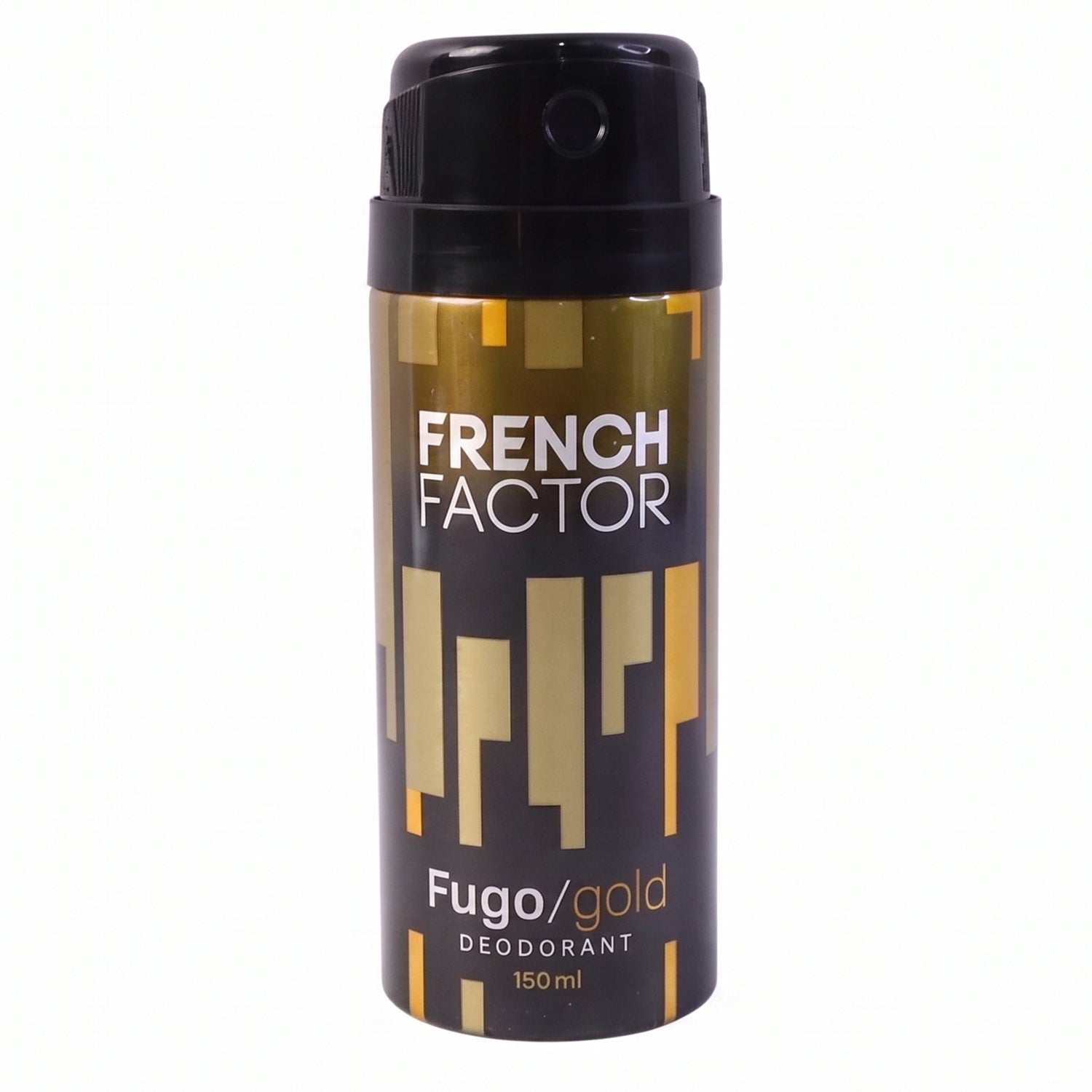Wukusy French Factor Fugo Gold deodorant body spray bottle, 150ml, with gold-themed packaging and spray nozzle.