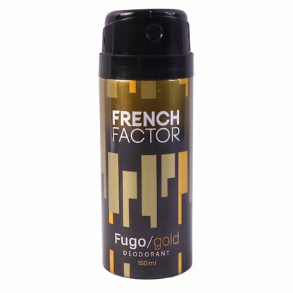Wukusy French Factor Fugo Gold deodorant body spray bottle, 150ml, with gold-themed packaging and spray nozzle.