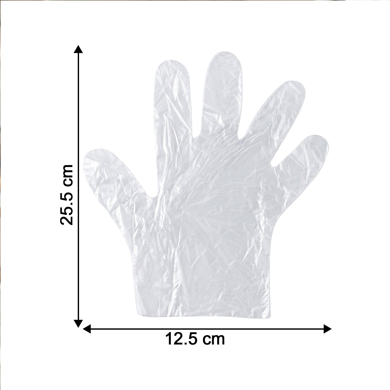 Pair of disposable small plastic gloves from Wukusy for kitchen food handling and cleaning tasks, shown in a close-up image.