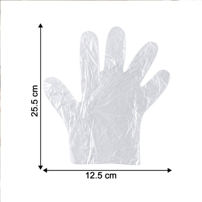 Pair of disposable small plastic gloves from Wukusy for kitchen food handling and cleaning tasks, shown in a close-up image.