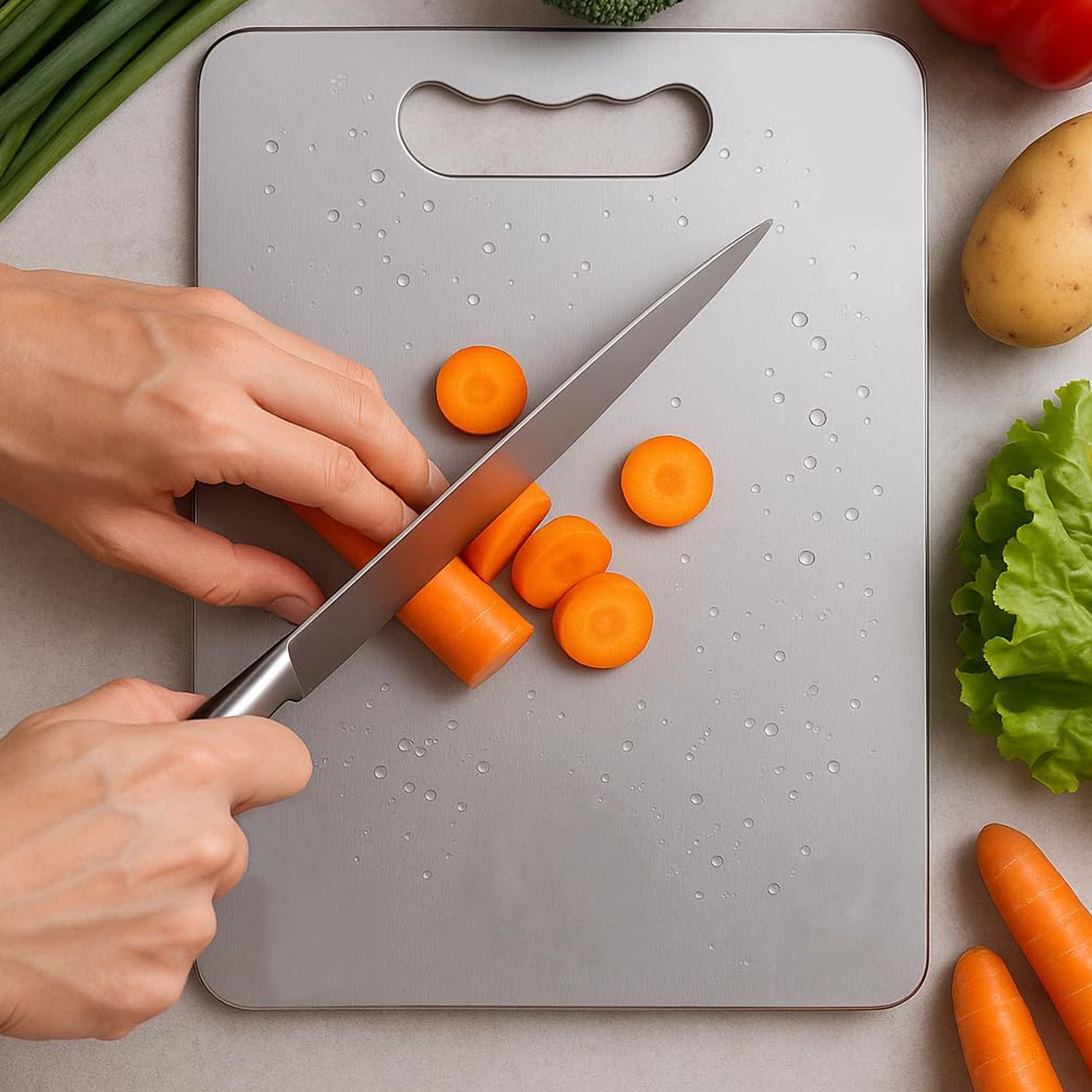 Wukusy Supermom Medium Stello stainless steel chopping board for kitchen prep, durable and sleek food preparation surface