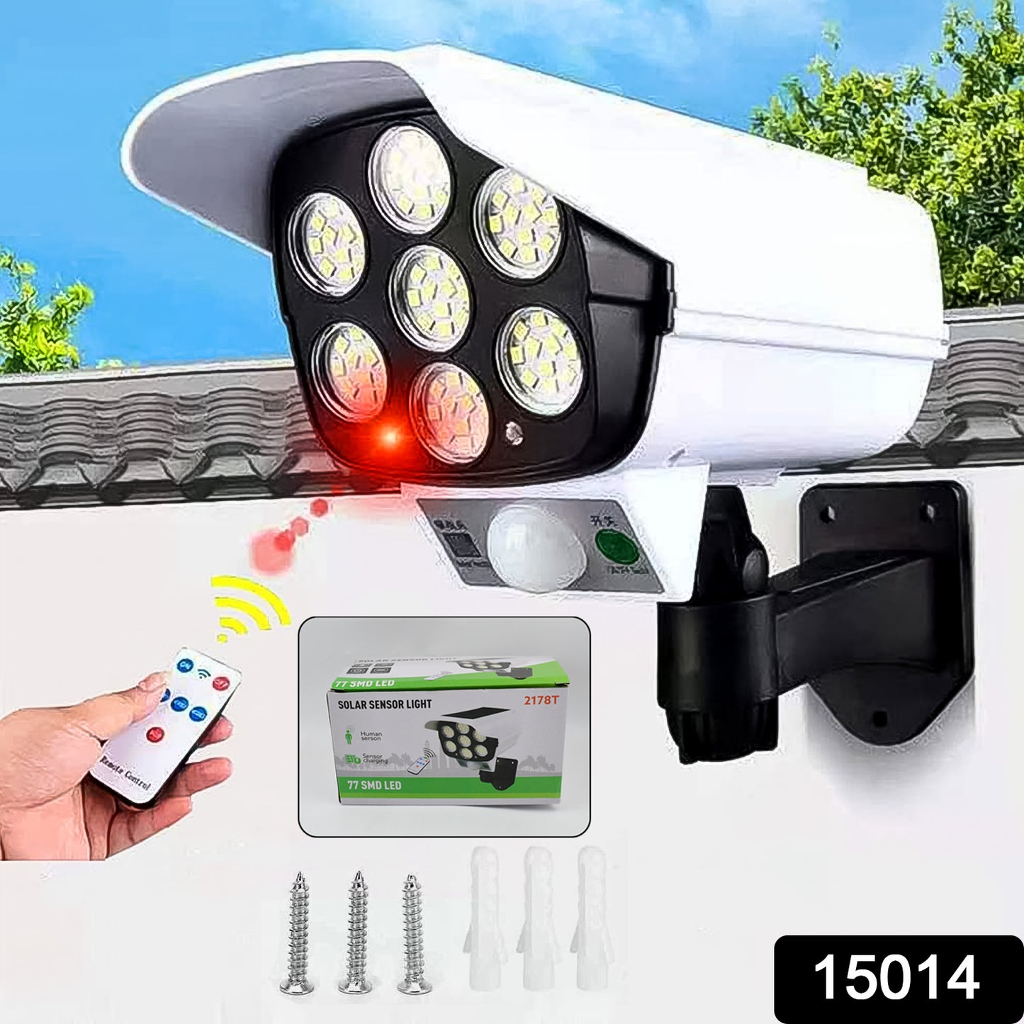 Wukusy solar outdoor motion sensor security camera dummy wall lamp mounted on a wall, mimicking real security lighting.