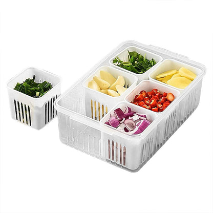 Wukusy fridge storage box for vegetables and food, clear plastic container with drainage for kitchen refrigerator organization.