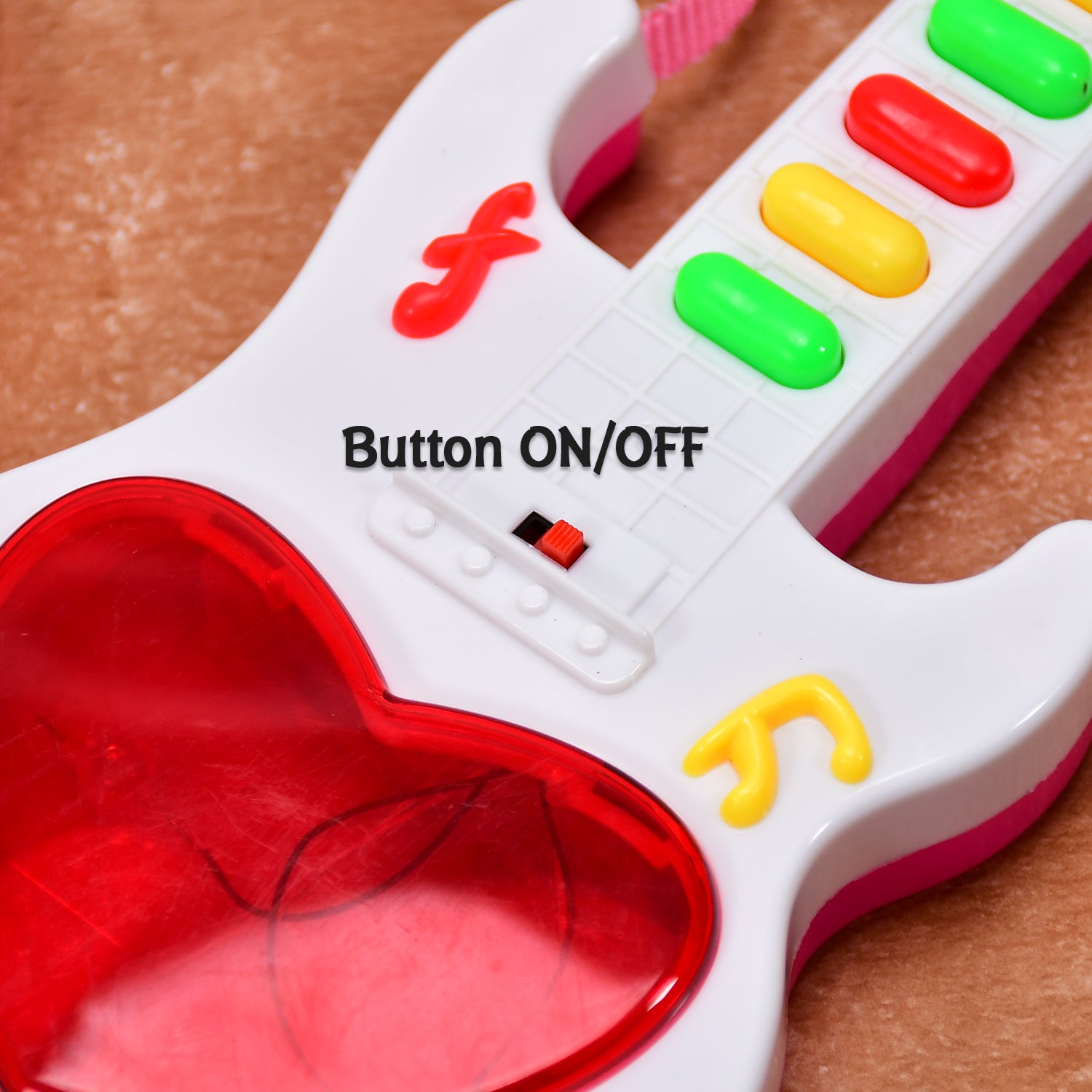 Wukusy battery-operated mini guitar toy with lights, designed for kids aged 3 and up, featuring colorful musical instrument details.