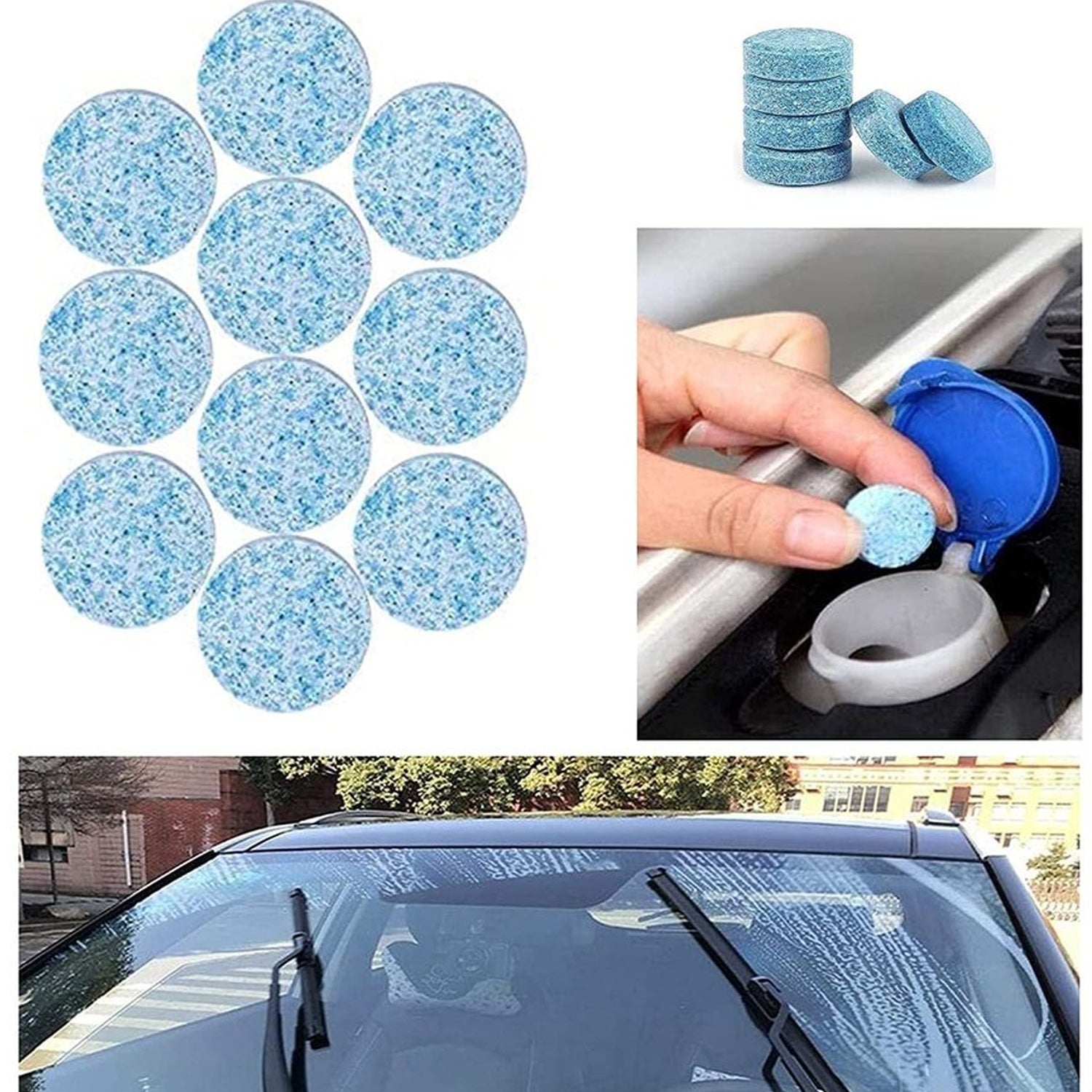 Wukusy car windshield cleaner tablets, 10-pack, dissolves in water to clean and clear vehicle windshields effectively.