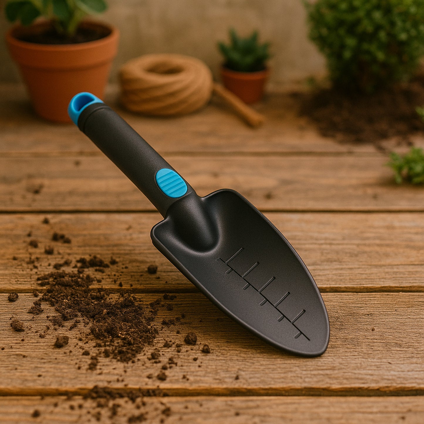 Wukusy plastic heavy-duty garden hand trowel with measurement marks, ideal for planting and gardening tasks.