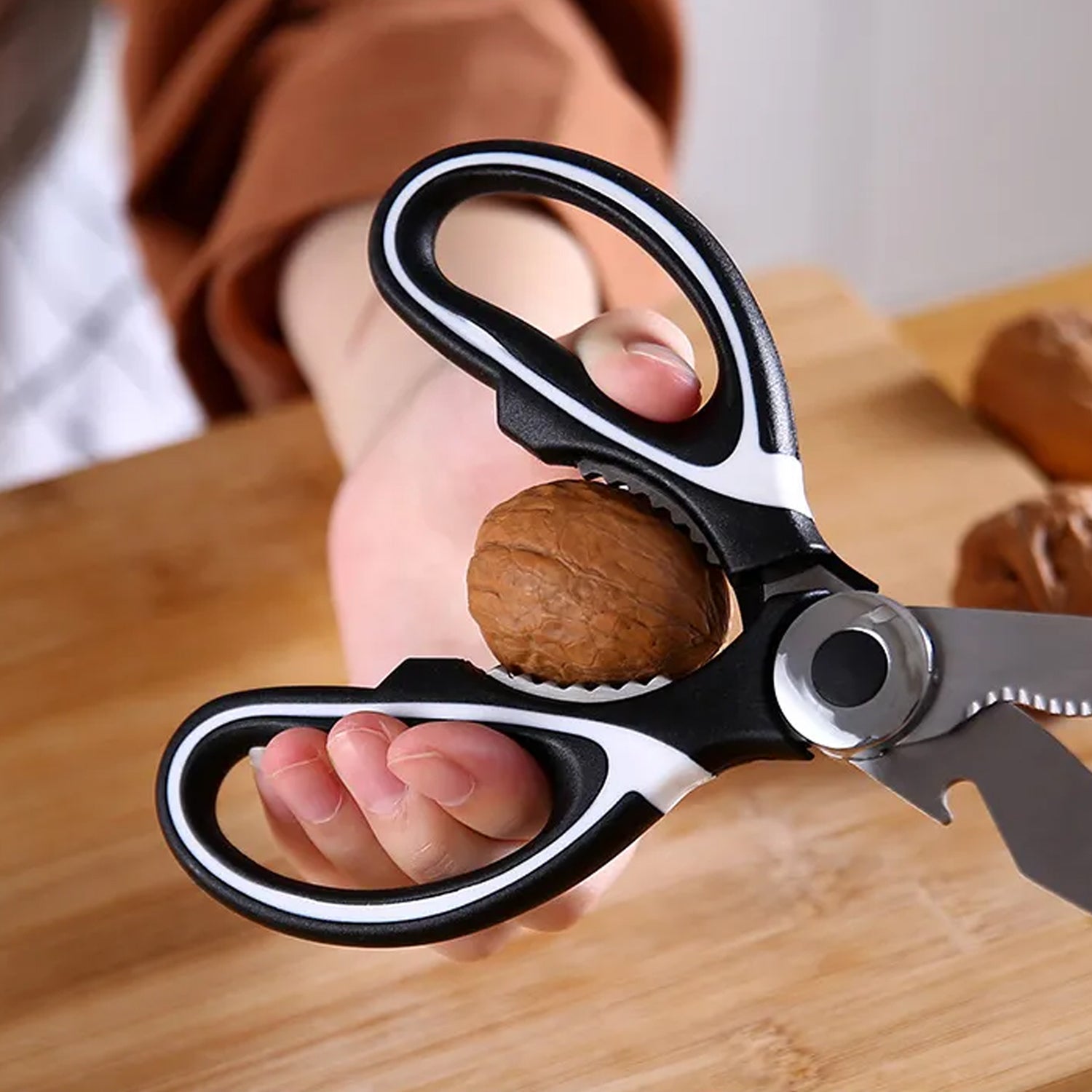 Wukusy 3-in-1 multi-function kitchen tool with stainless steel seafood scissors, vegetable and fruit slicer, cheese, meat cutter, and bottle opener