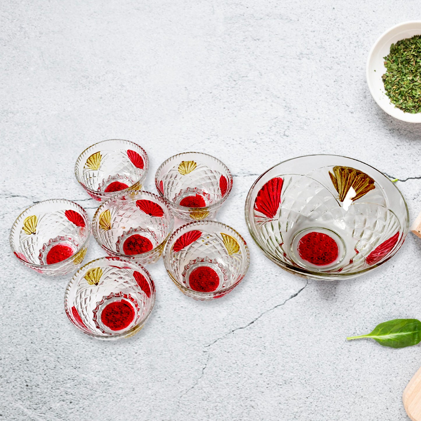 Set of 7 Wukusy rose glass bowls including 6 medium and 1 large, perfect for desserts, snacks, fruit, pudding, or dips.