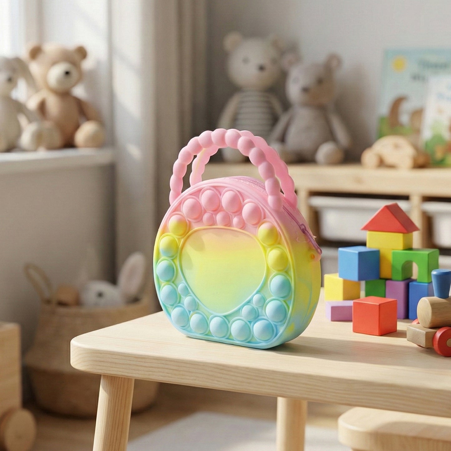 Rainbow round silicone Pop It coin purse by Wukusy, featuring colorful sensory bubbles and a compact, soft silicone design.