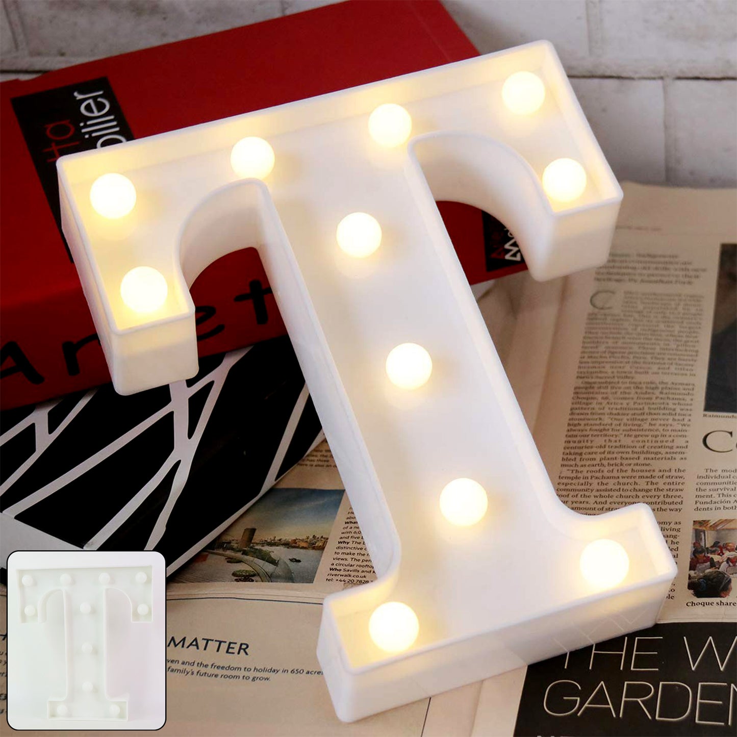 Decorative LED marquee alphabet letter T light by Wukusy, ideal for home decor, illuminated letter for stylish interior accents.