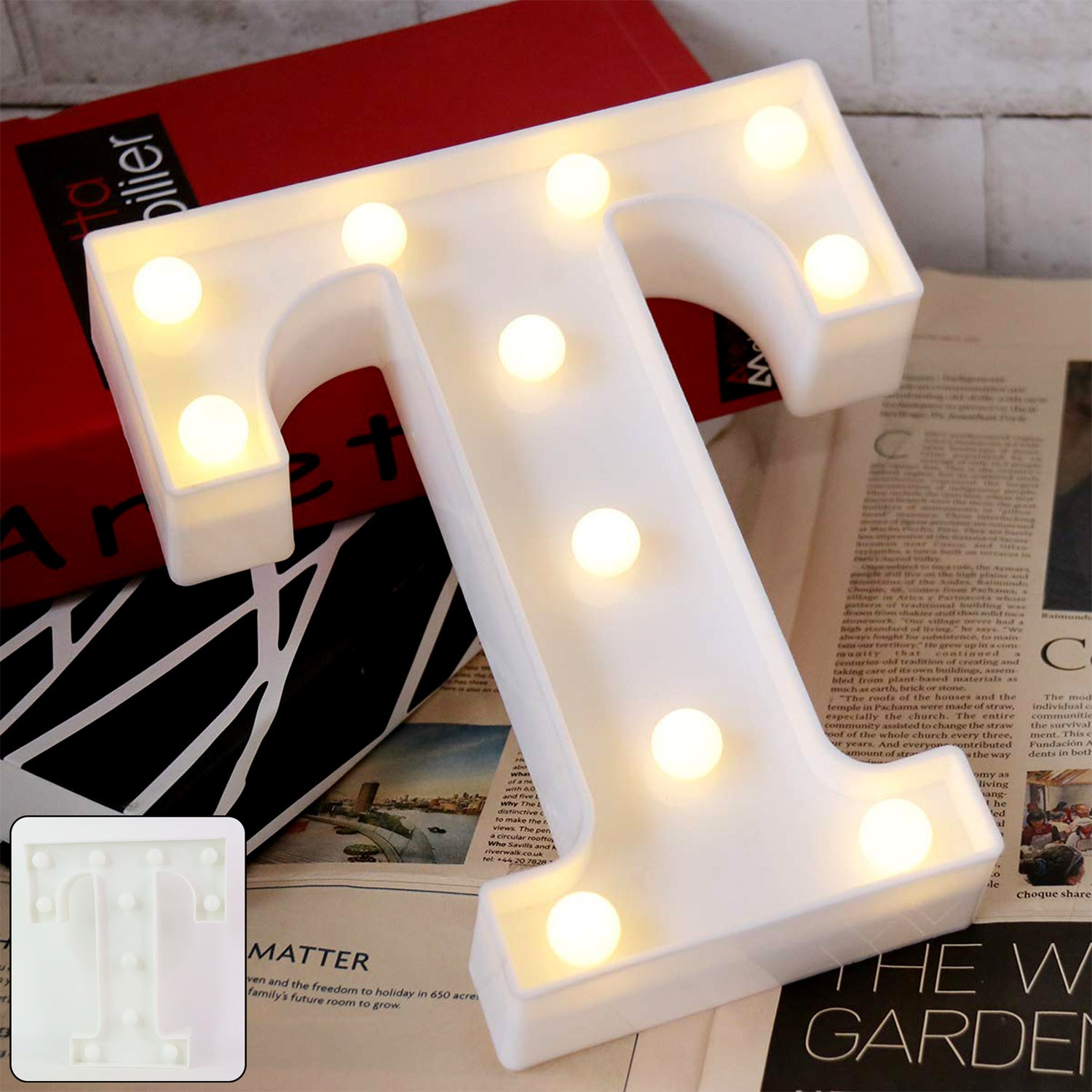 Decorative LED marquee alphabet letter T light by Wukusy, ideal for home decor, illuminated letter for stylish interior accents.