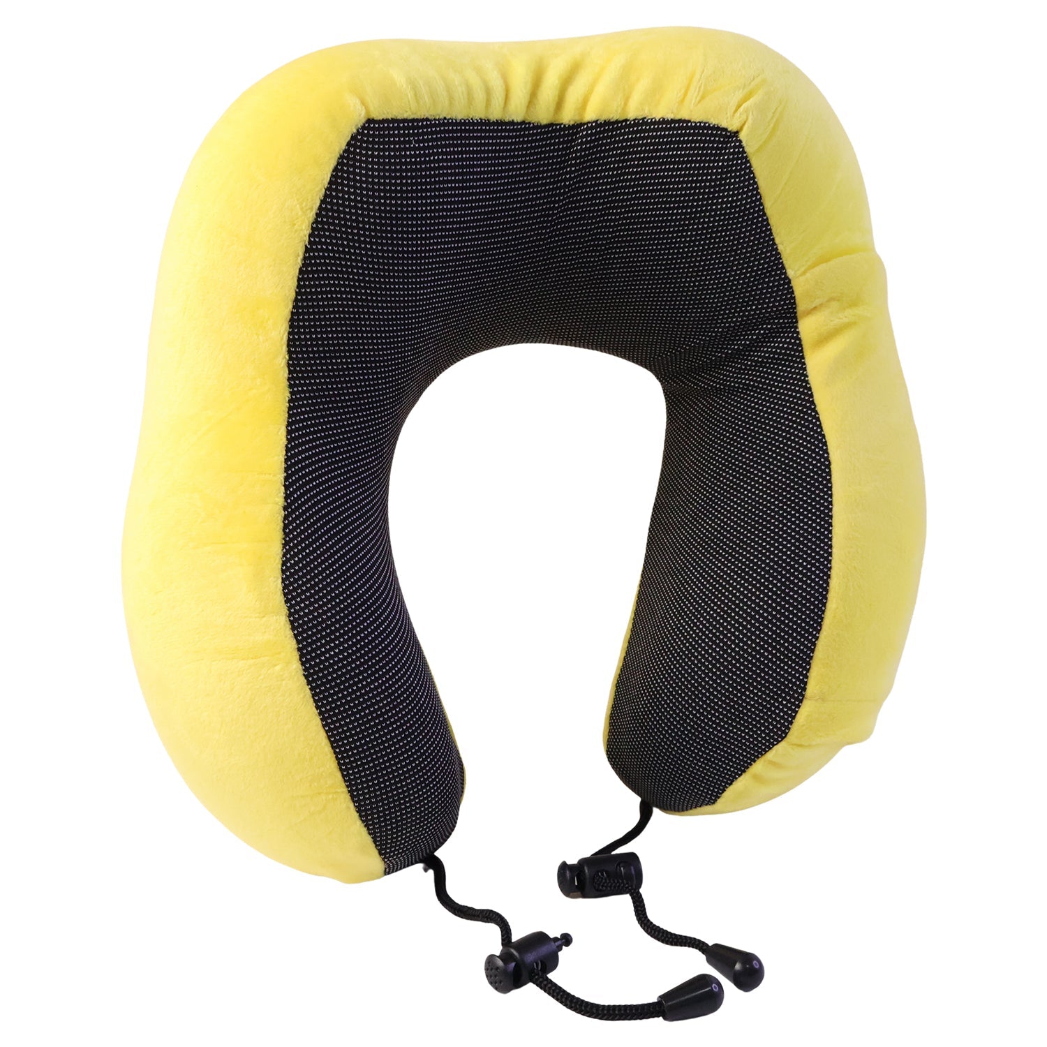 Yellow plush U-shaped travel neck pillow with drawstring from Wukusy, designed for comfortable support during travel.