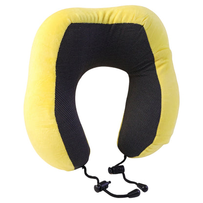 Yellow plush U-shaped travel neck pillow with drawstring from Wukusy, designed for comfortable support during travel.