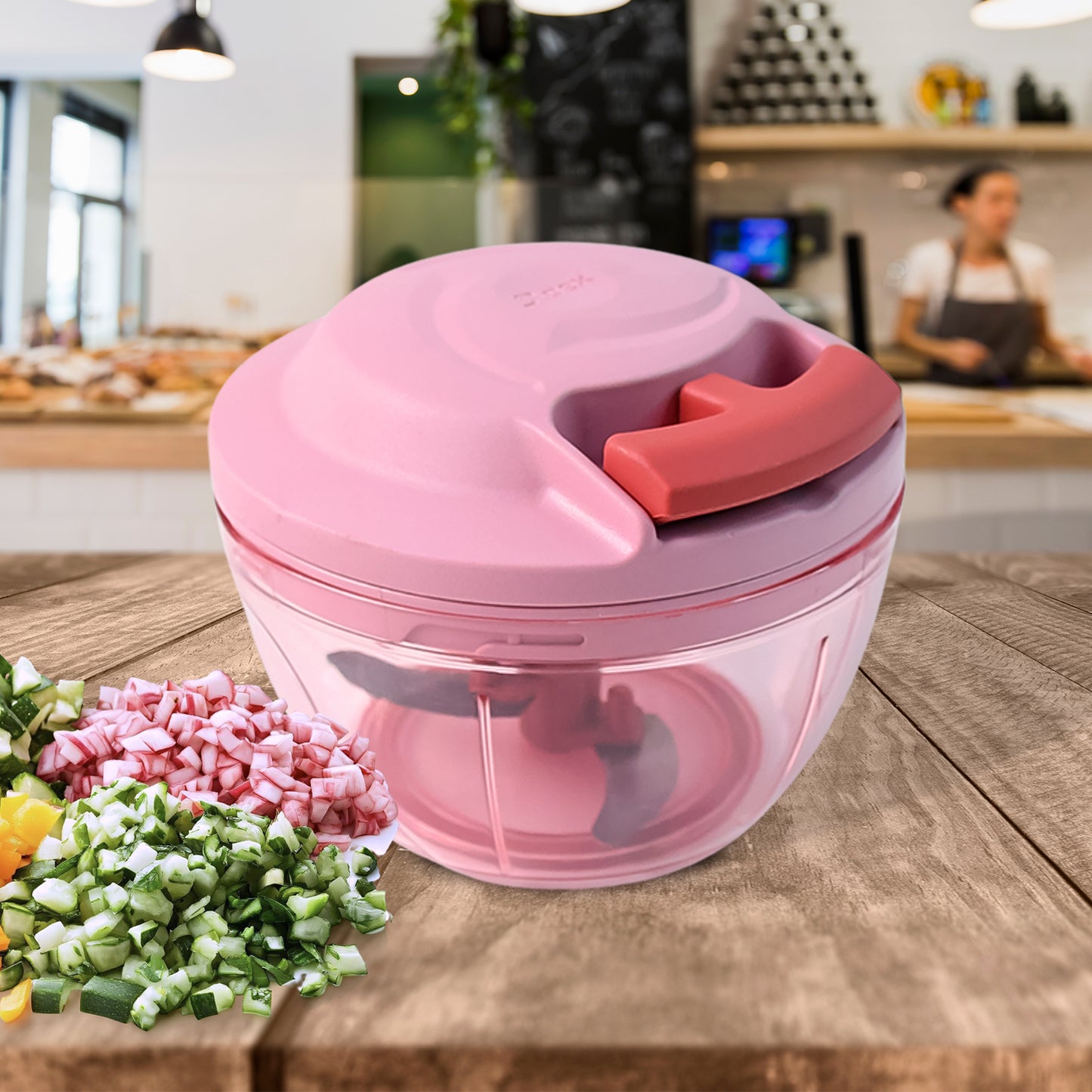 Wukusy Apex Power-x triple stainless steel vegetable chopper with 500ml capacity and hand-pull design, shown with blades and container.