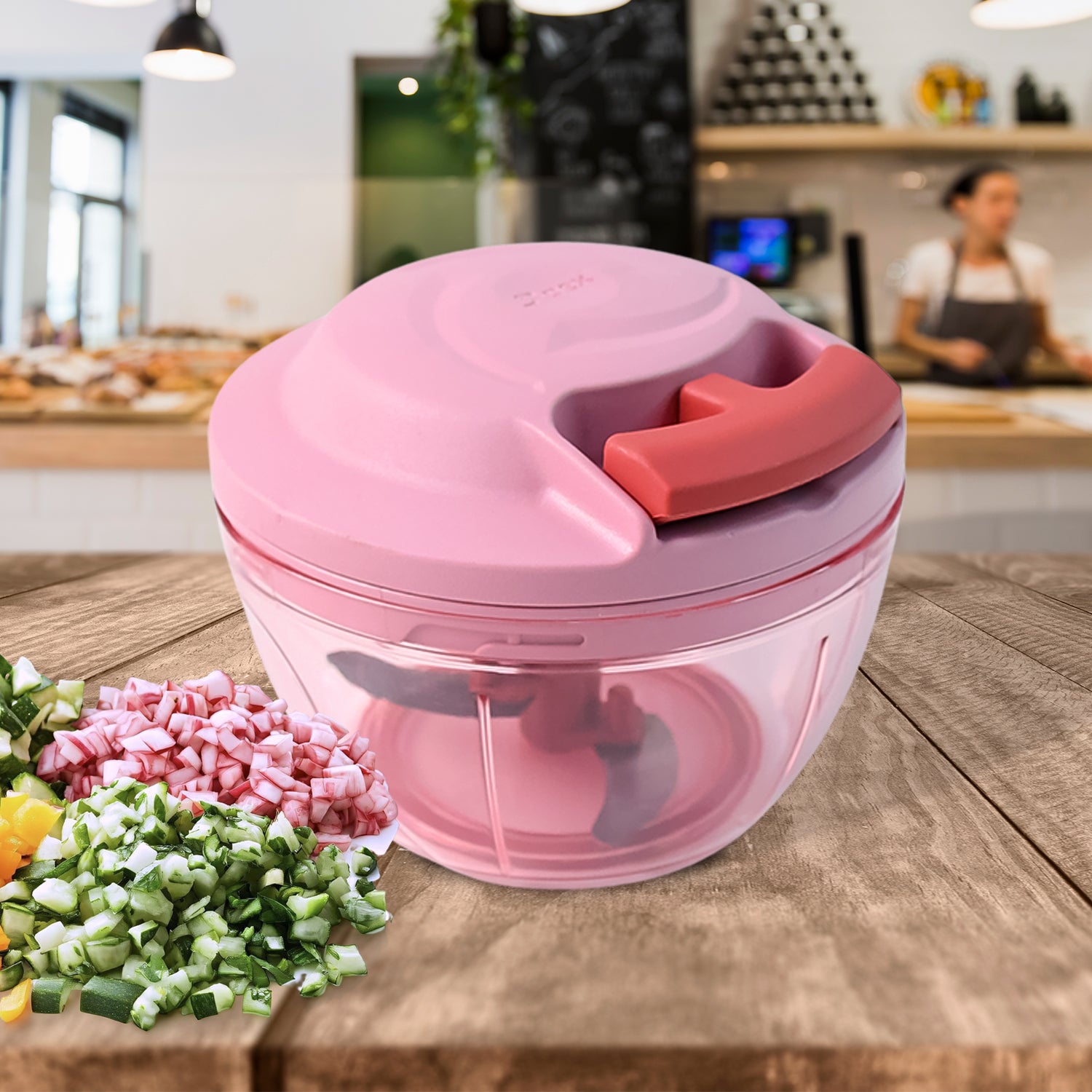 Wukusy Apex Power-x triple stainless steel vegetable chopper with 500ml capacity and hand-pull design, shown with blades and container.