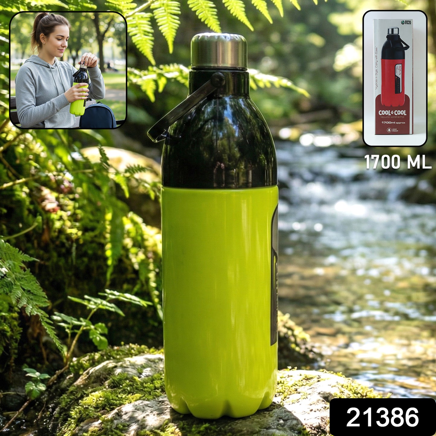 Large Wukusy leakproof water bottle with 1700ml capacity, clear design, and secure lid for outdoor hydration.