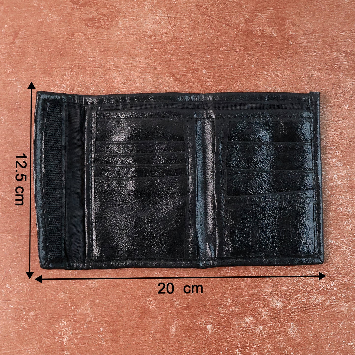 Wukusy genuine leather bi-fold travel wallet open to show card slots and cash compartment on brown leather interior.