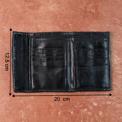 Wukusy genuine leather bi-fold travel wallet open to show card slots and cash compartment on brown leather interior.