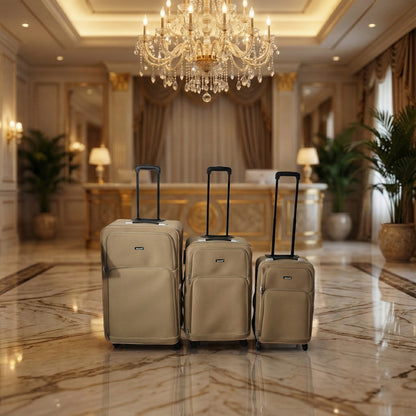 Wukusy 3-in-1 soft side trolley luggage set with three different-sized suitcases, featuring wheels and retractable handles.